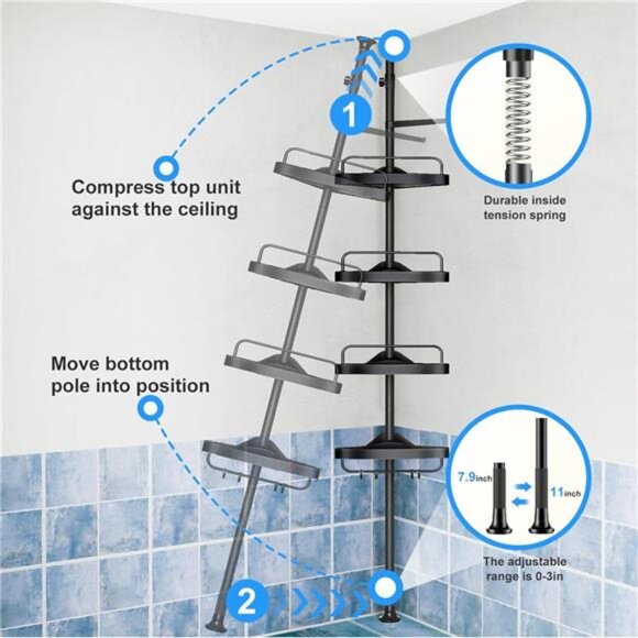 Corner Shower Caddy Tension Pole: Adjustable Stainless Steel Shower - Picture 6 of 7